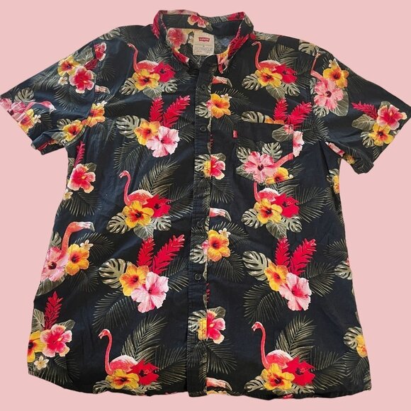 Vintage Levis Shirt Mens XL Black Red Floral Flamingo All Over Print Button Dn - Picture 4 of 13